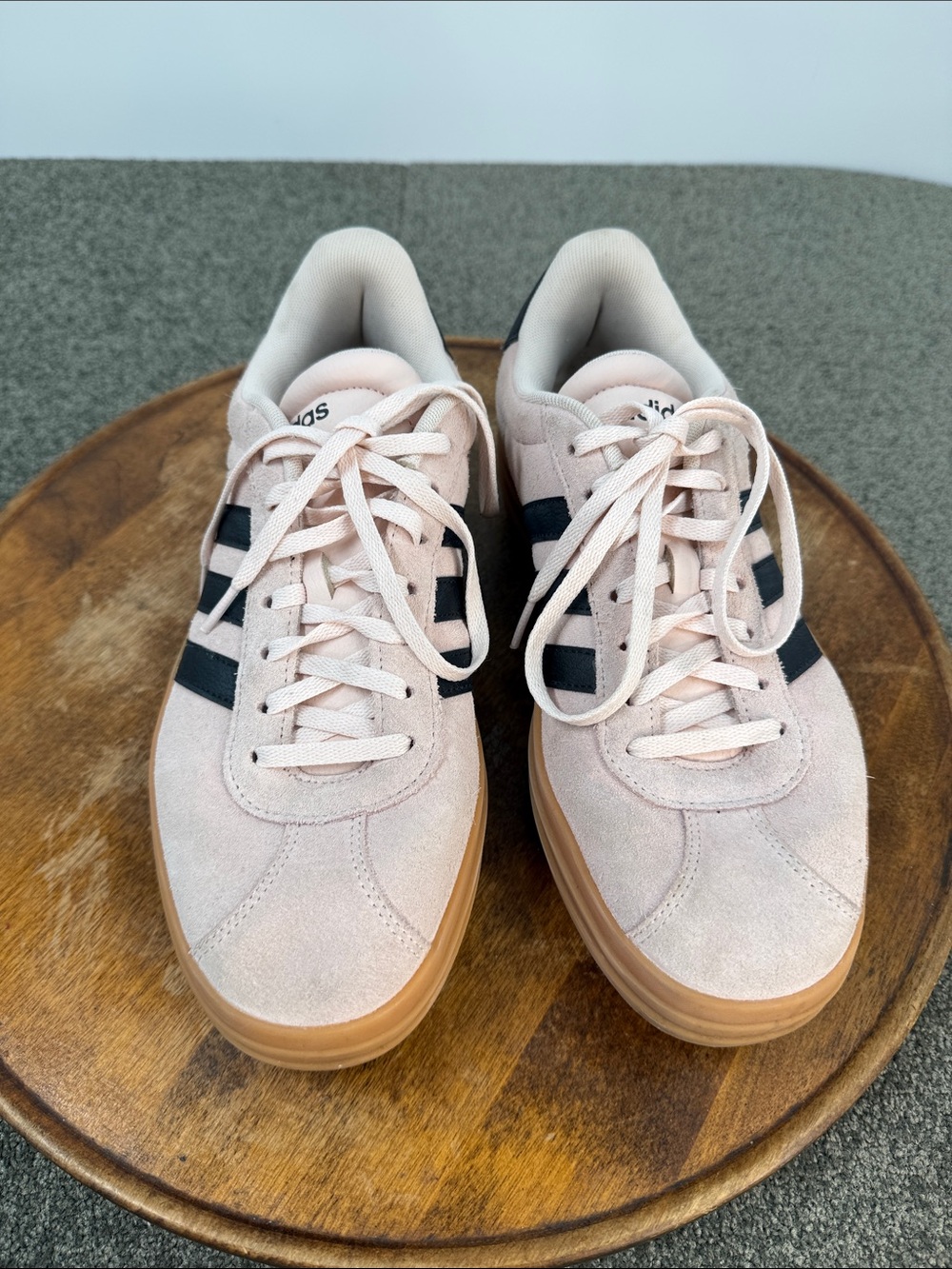 adidas Shoes Wm 8.5 Pink Suede Platform Sneakers Black Stripes - Picture 3 of 11